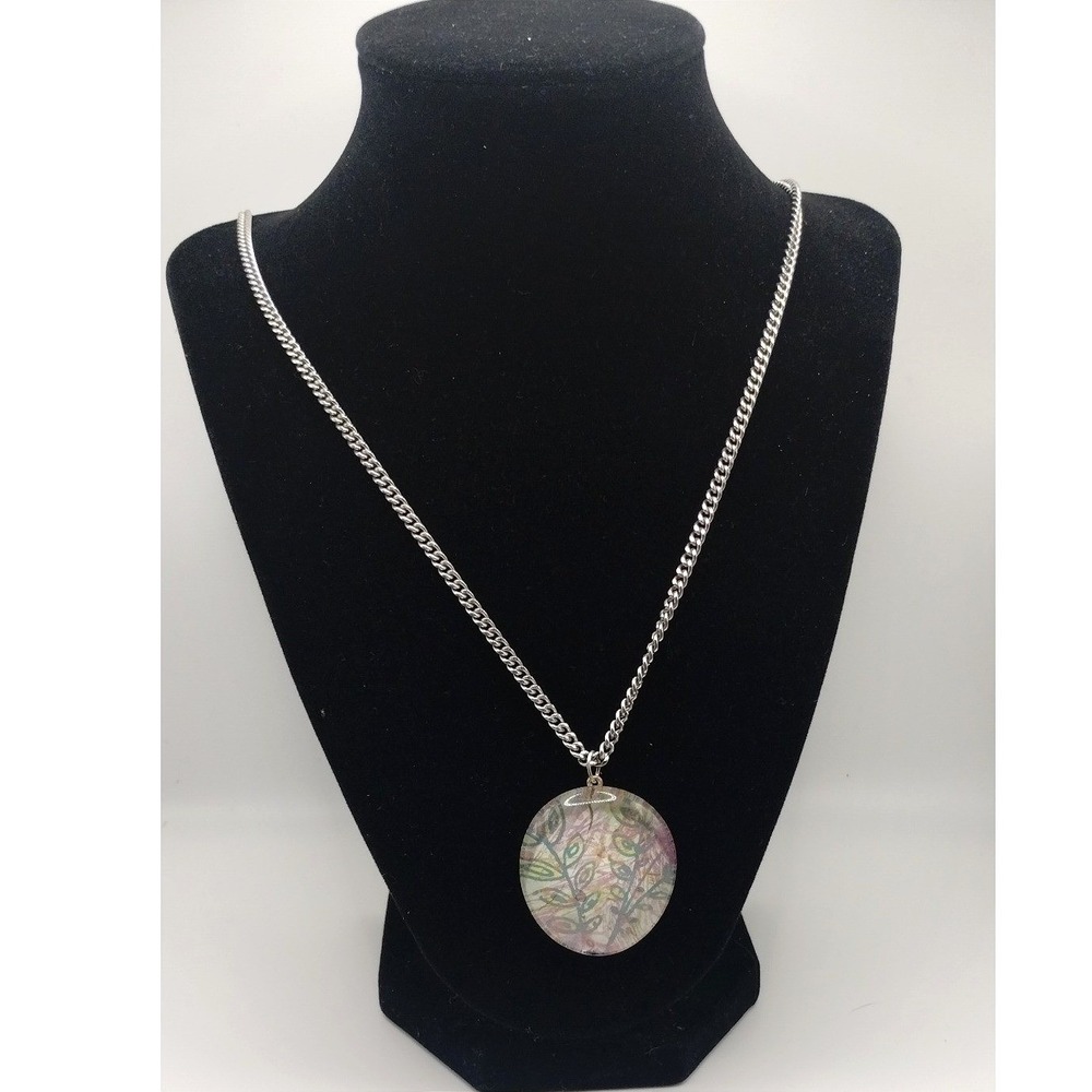 Handmade Silver Tone Resin Floral Pendant Necklace 24 Inch Curb Chain Oval Pink